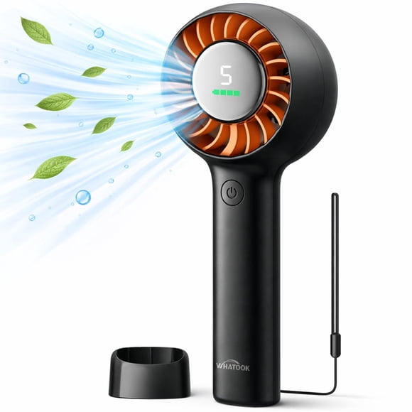 Ventilador de Mano, Ventilador Personal Recargable de 3000mAh con Pantalla LED, Viento Turbo de 5 Velocidades, Ventilador de Escritorio Portátil con Base y Cordón para Viaje, Playa, Crucero, Oficina