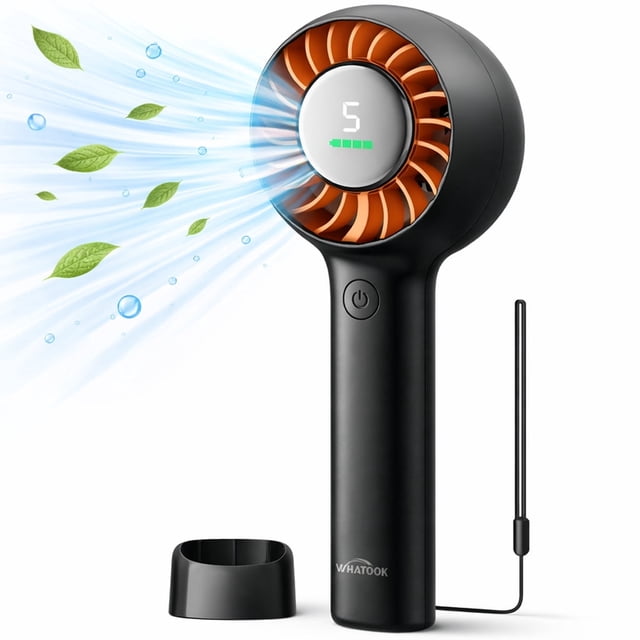 Ventilador de Mano, Ventilador Personal Recargable de 3000mAh con Pantalla LED, Viento Turbo de 5 Velocidades, Ventilador de Escritorio Portátil con Base y Cordón para Viaje, Playa, Crucero, Oficina