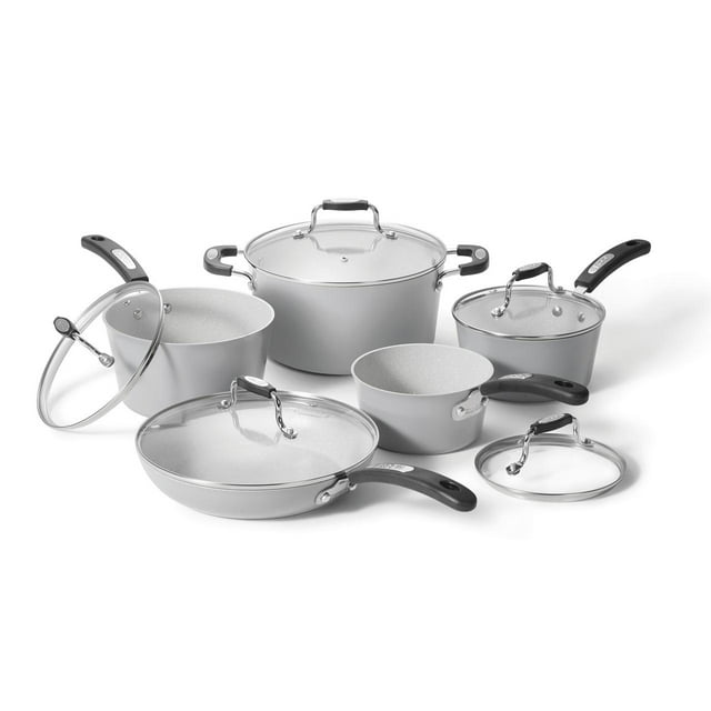 Starfrit The Rock Terra 10-piece cookware set featuring ceramic non-stick Rock.Tec surface, thick aluminum base, black handles, and glass lids