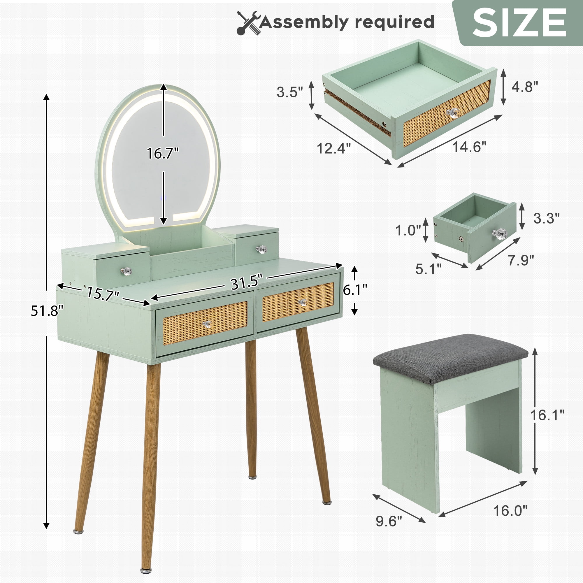 Brafabhome Vintage Boho Vanity Table Set with Adjustable Lighted Mirror and Stool, Modern Dressing Table Set with Drawers and Storage Shelves for Makeup Room Bedroom | Green