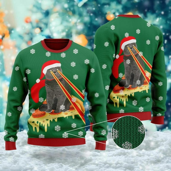 Pizza Cat With Laser Eyes Ugly Christmas Sweater, Xmas Sweatshirt, Christmas Gift for Men Women Kid, Cat Christmas 3D All Over Print Shirt