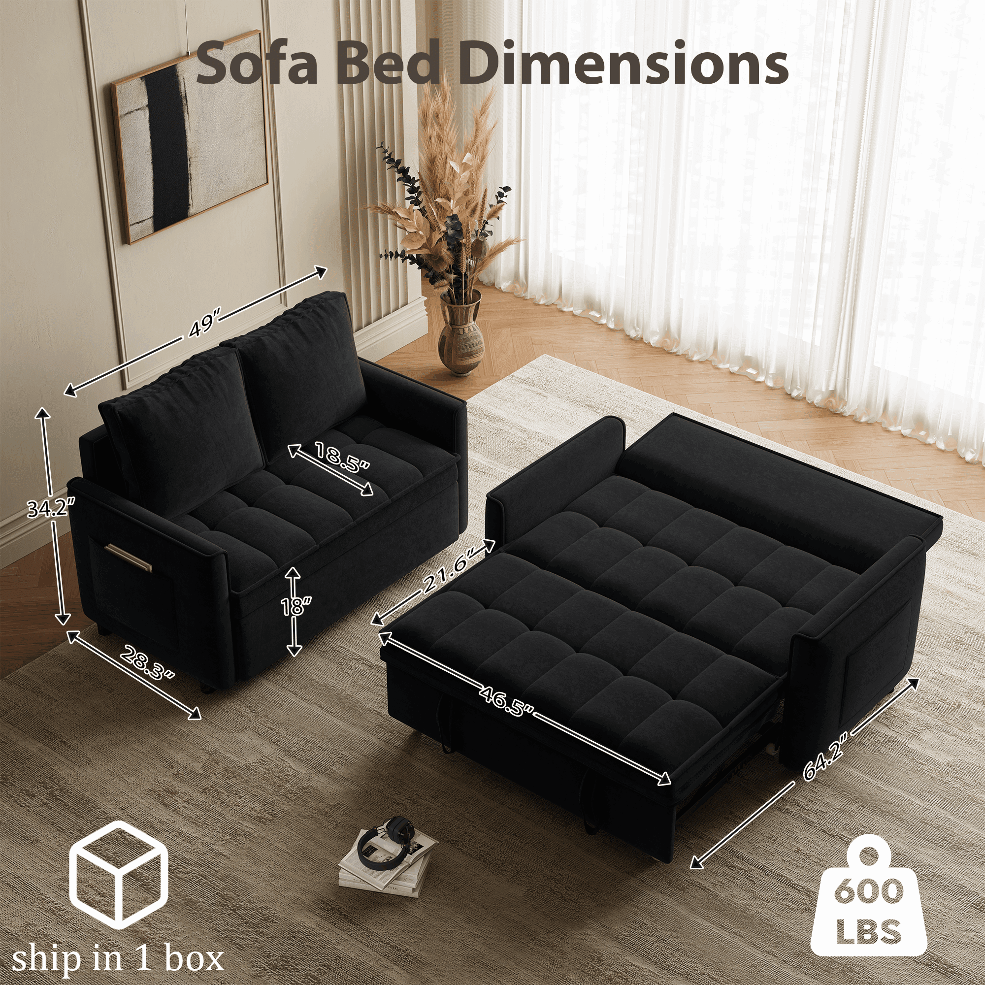 Rophefx 3-in-1 Pull Out Sofa Bed, Futon Sofa, Convertible Chenille Sleeper Chair Bed for Living Room,Black
