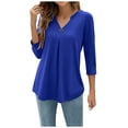 thumbnail image 2 of Blue Womens Plus Size T Shirts, Long Sleeve Blouse for Women, Womens Plus Size Blouse, Women's Spring Autumn Winter Three Quarter Sleeve Solid Color V Neck Buckle Pleated Casual Pullover T Shirt Top, 2 of 9