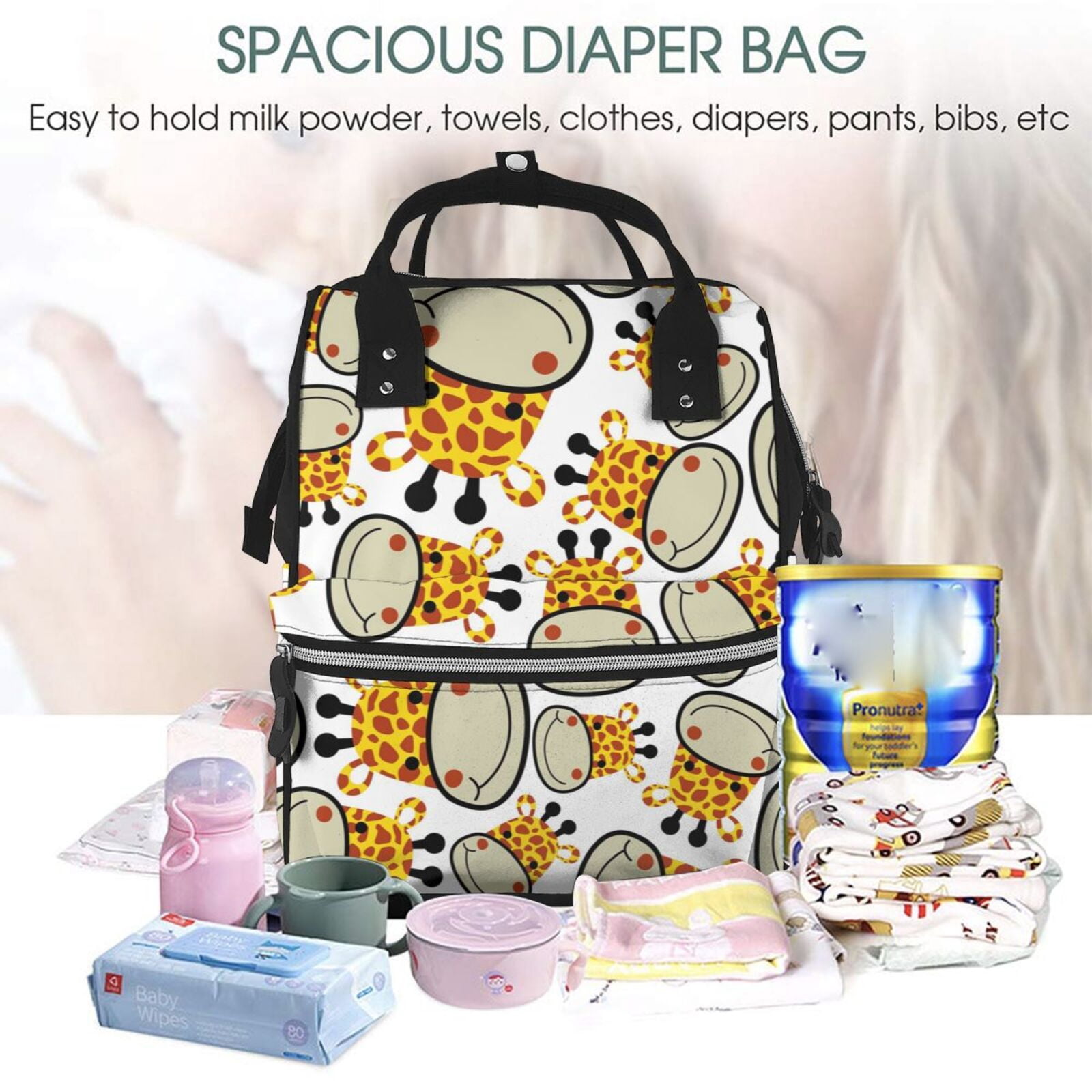 Fuzoiu Giraffes Head Print Diaper Bag Backpack,Baby Essentials Travel Tote,Multi function Waterproof Diaper Bag, Travel Essentials Baby Bag - Unisex