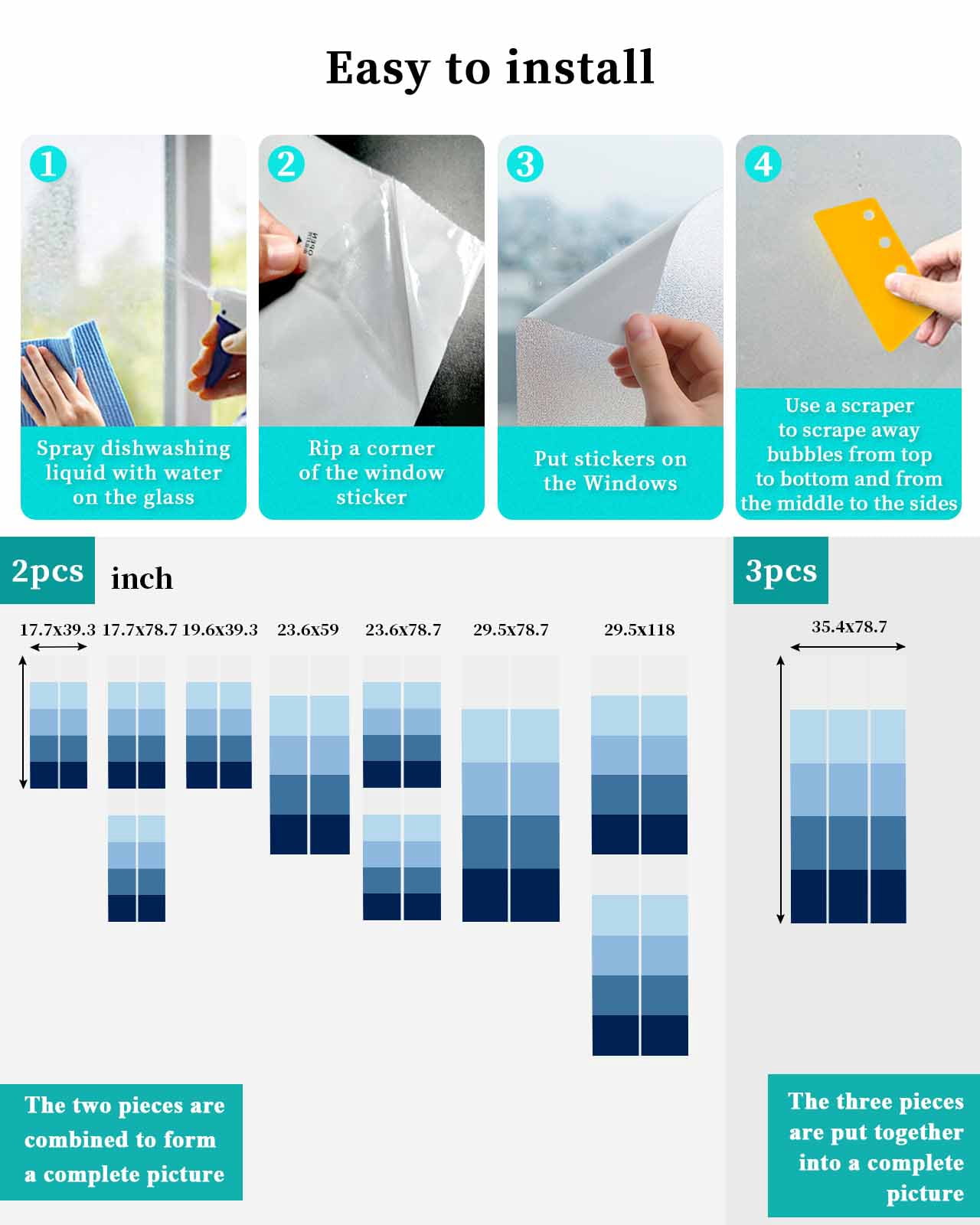 Window Privacy Film, Ombre Blue Grey UV Sun Blocking Window Tint Film Heat Control One Way Blackout Window Film, Simple Modern Farmhouse Stripes Non Adhesive Static Cling Window Sticker 35.4x78.7 In