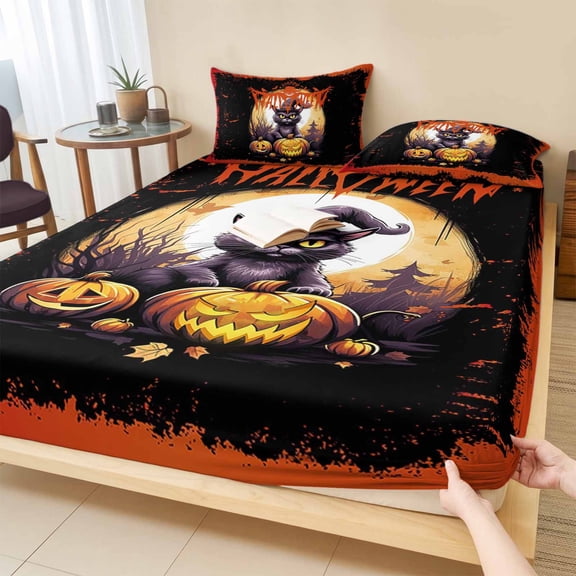 King Size Fitted Sheet Set - Halloween 3 Piece Bedding Sets 16" Deep Pocket Fitted Sheet with 2 Pillowcases, Horror Black Cat Pumpkin Moon Night Black Red Brushed Microfiber Hotel Luxury Bed Sheets