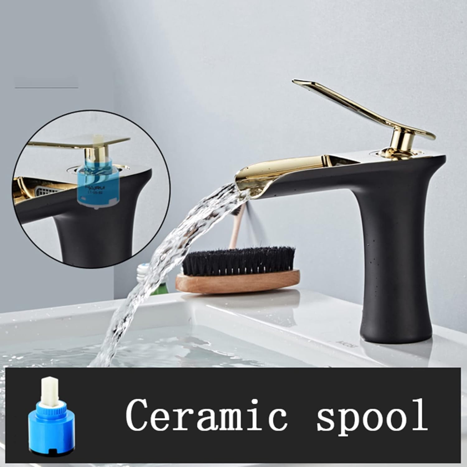 Waterfall Faucet for Bathroom Sink Brushed Gold, Solid Brass, Hot and Cold Water Mixer Tap, Waterfall Single Handle Bathroom Sink Faucet, High