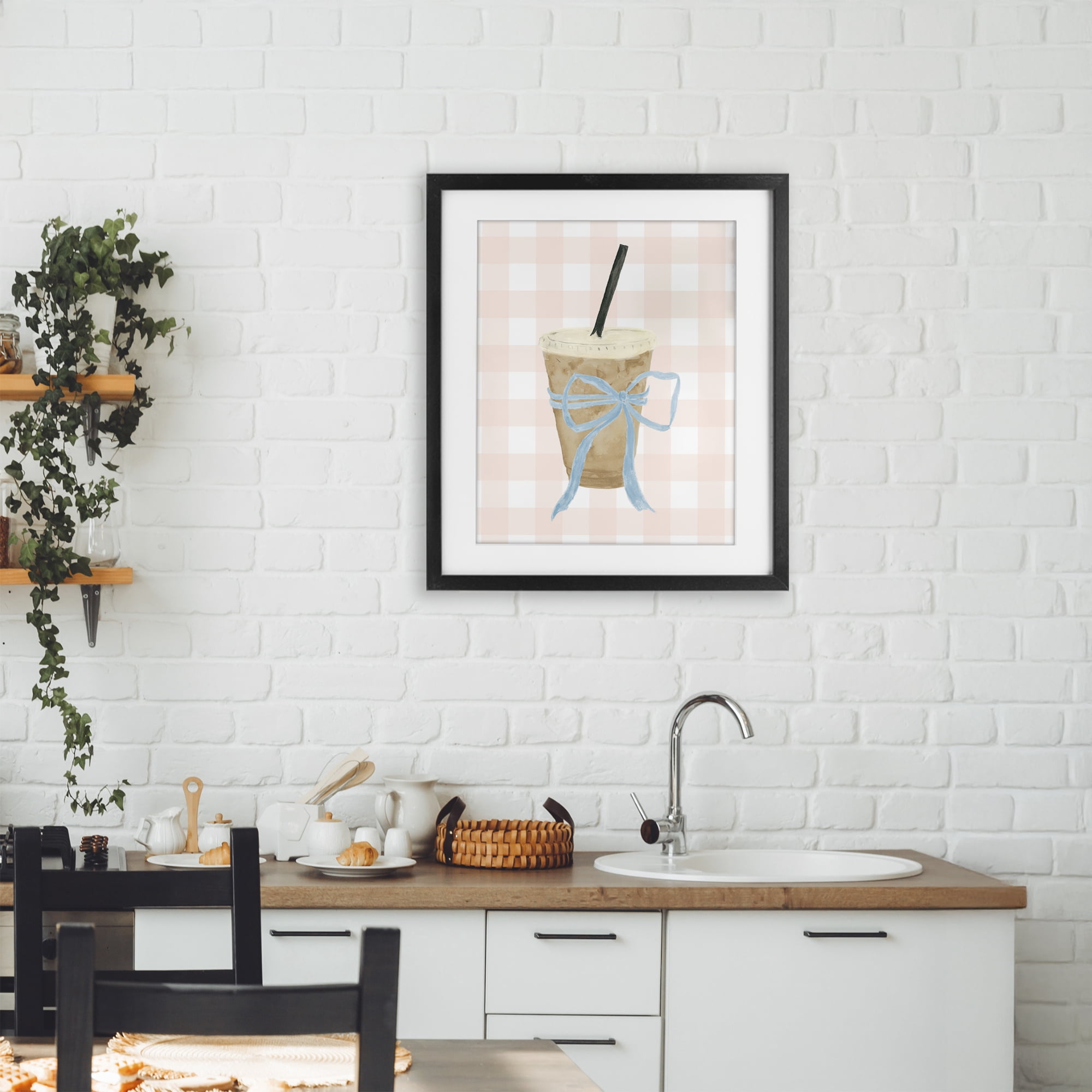 Stupell Industries Iced Coffee on Gingham Black Framed Print Under Glass, design by Lucille Price