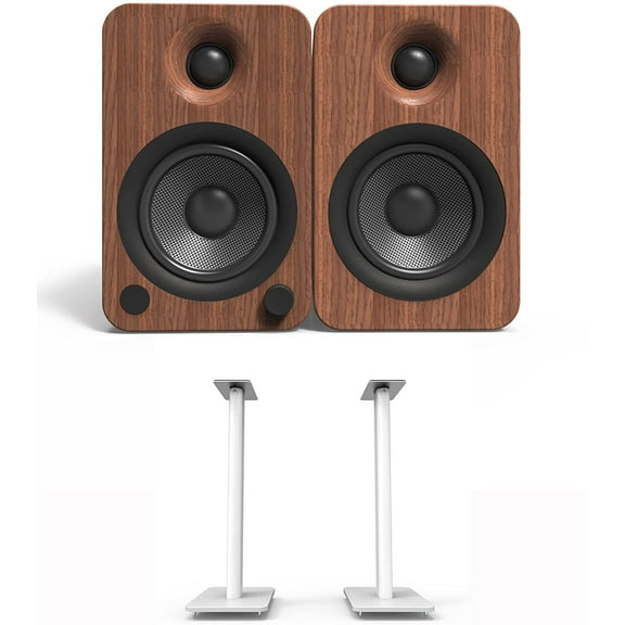 Kanto YU4WALNUT 140W Bookshelf Speakers with Bluetooth - Walnut (Pair) with Kanto SP26PLW 26" Fixed-Height Stands for Bookshelf Speakers - White (Pair) (2022)