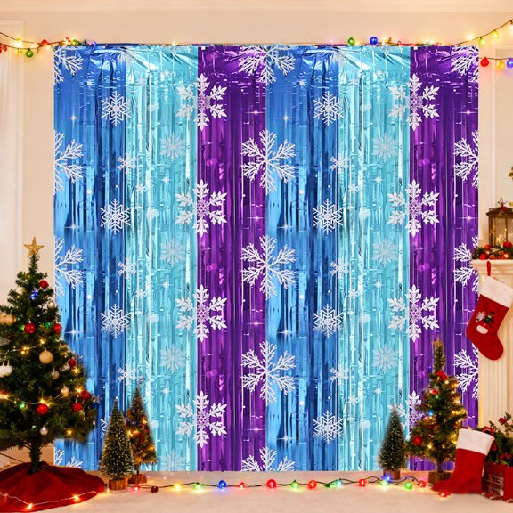Dserfhy Snowflake Foil Fringe Curtains Metallic Silver Blue Snowflake Tinsel Streamer Photo Backdrop for Christmas Winter Wonderland Freeze Birthday Party Decoration