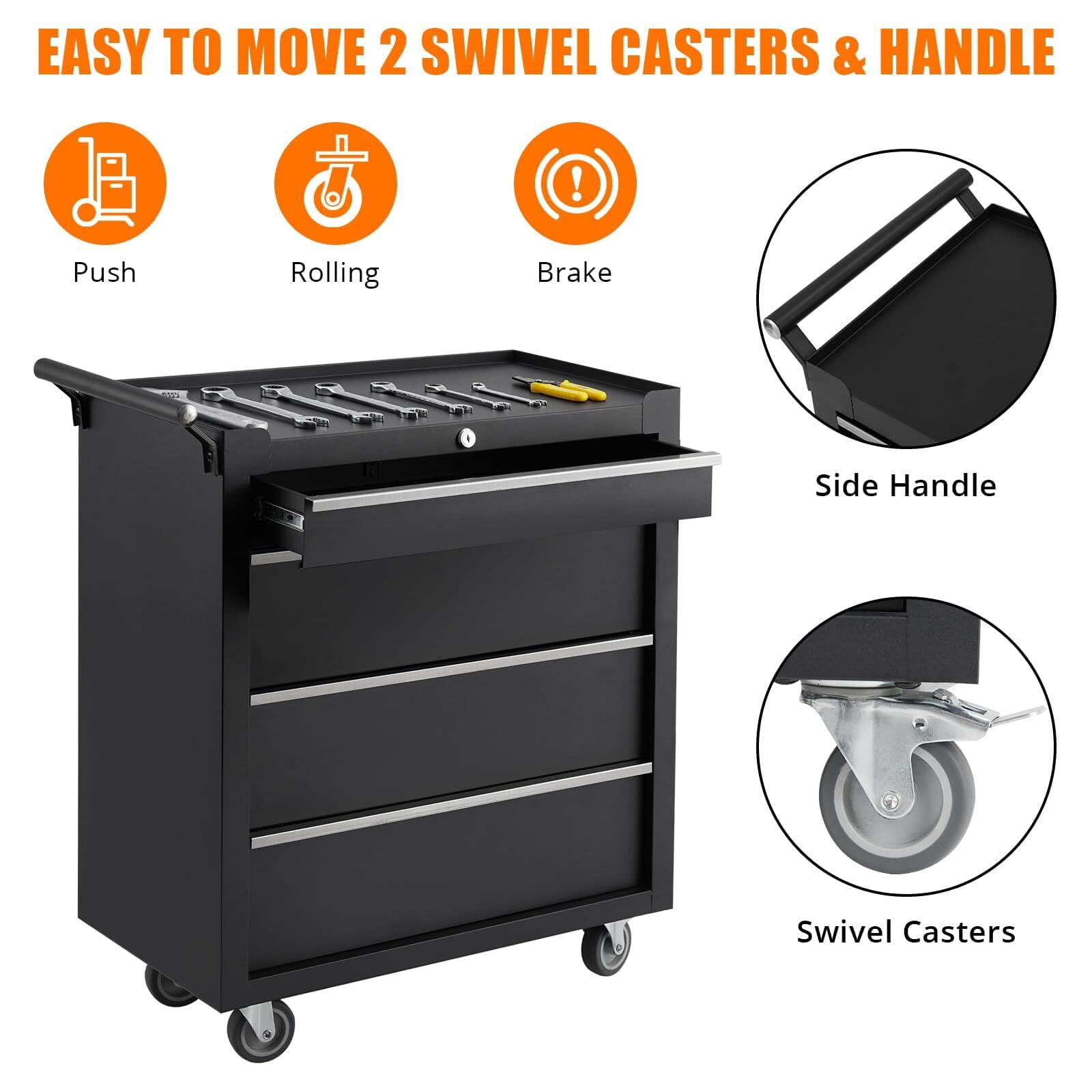 Garvee Metal Tool Box, Portable Tool Chest with Wheels and 4 Drawers for Garage, Workshop, Black