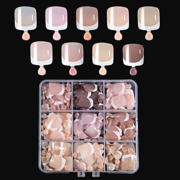 216PCS White French Tip Press on Toenails Women Fake Toe Nail Kit, 9-Color Nail Set, Square Glue Toenail Acrylic Toes Nails Tips, Retro Minimalist Design for Toenails