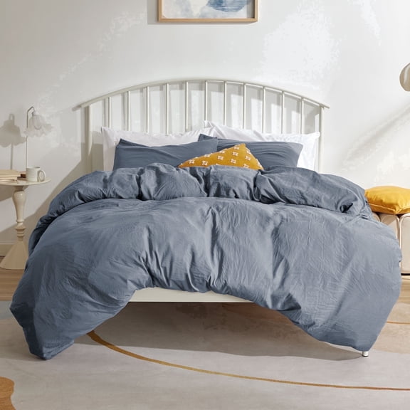 Sonive Washed Duvet Cover Set Queen, 3 Pieces Soft Cozy Textured Wrinkled Bedding Set, Flint Stone Blue