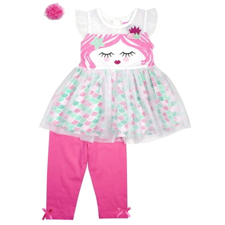 Skirt Mermaid Online Nannette Mermaid Tulle Top, Knit Legging & Flower Headband, 3pc Outfit Set (Baby Girls & Toddler Girls) ()