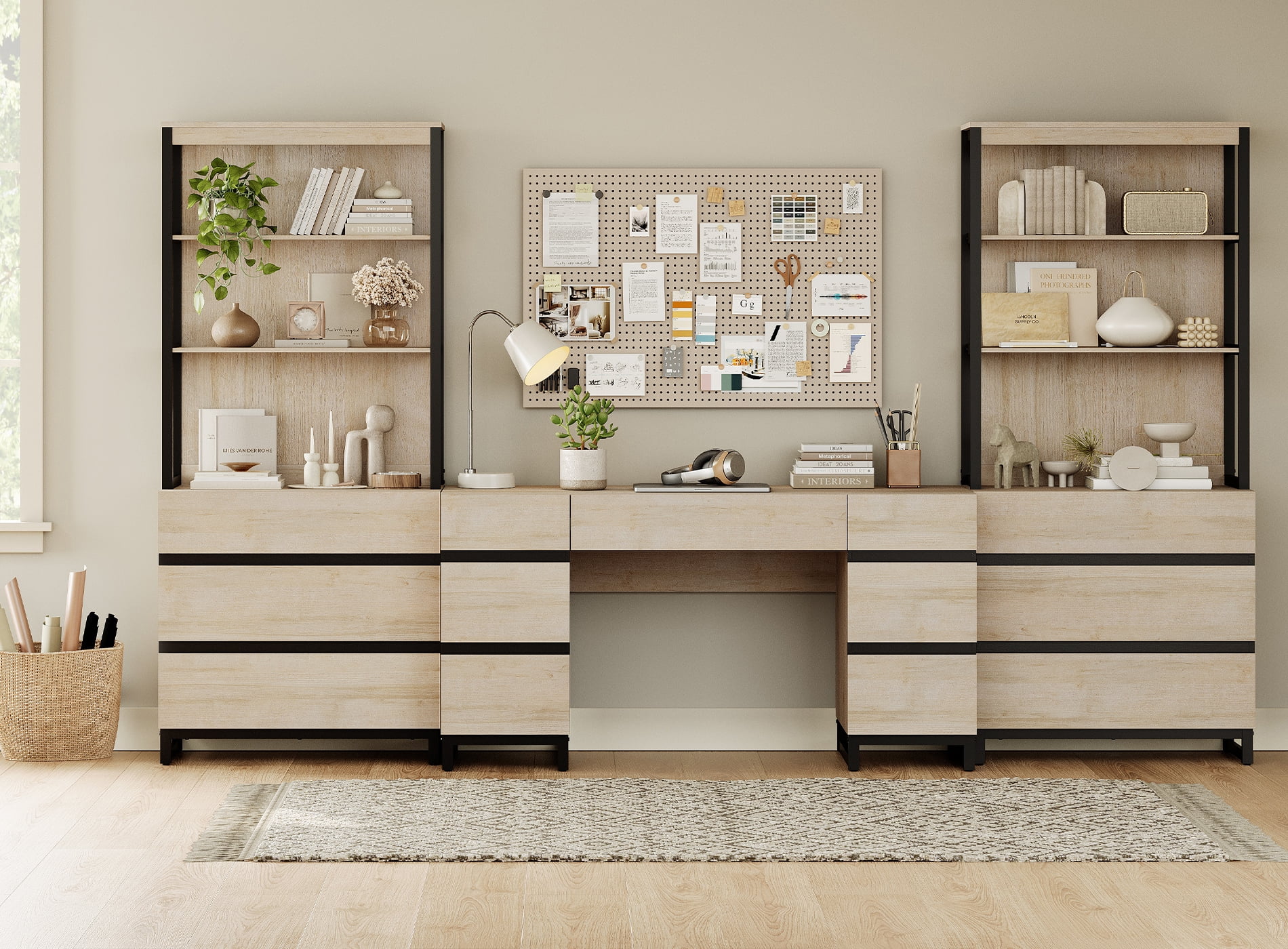 WAMPAT Home Office Furniture Set: 59in Modern Executive Desk with Charging Station and Drawers and 2 PCS 72in Tall Bookcases with 6 Drawers, Home Office Furniture for Living Room, Bedroom, Beige