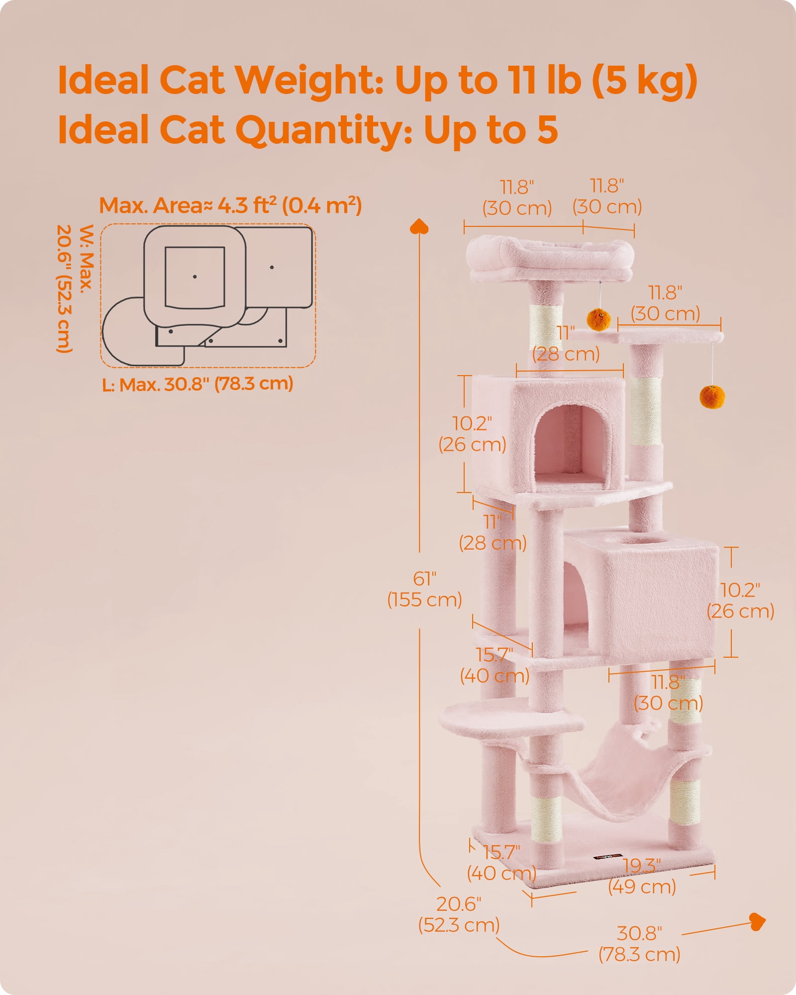 61"H Cat Tree Cat Tower for Indoor Cats, Plush Multi-Level Cat Condo with Scratching Posts, Perches, Caves, Hammock, Pink