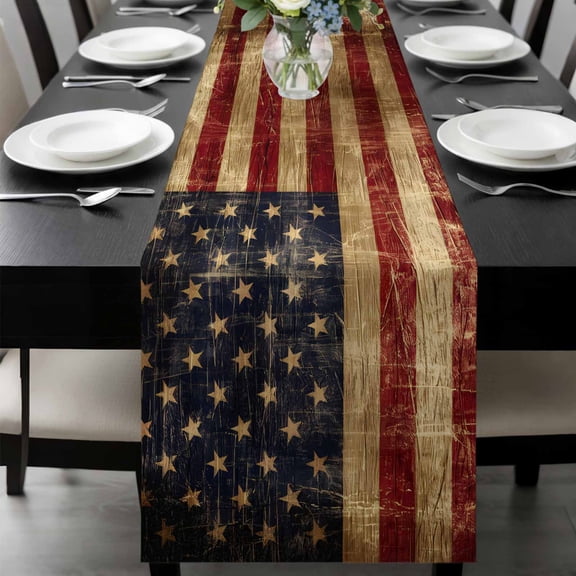 Vintage American Flag Table Runner 108 Inches Long, Farmhouse Shabby Retro Red Blue Kitchen Coffee Dining Table Decoration for Home Party Birthday Wedding Home Decor 13x108 Inches
