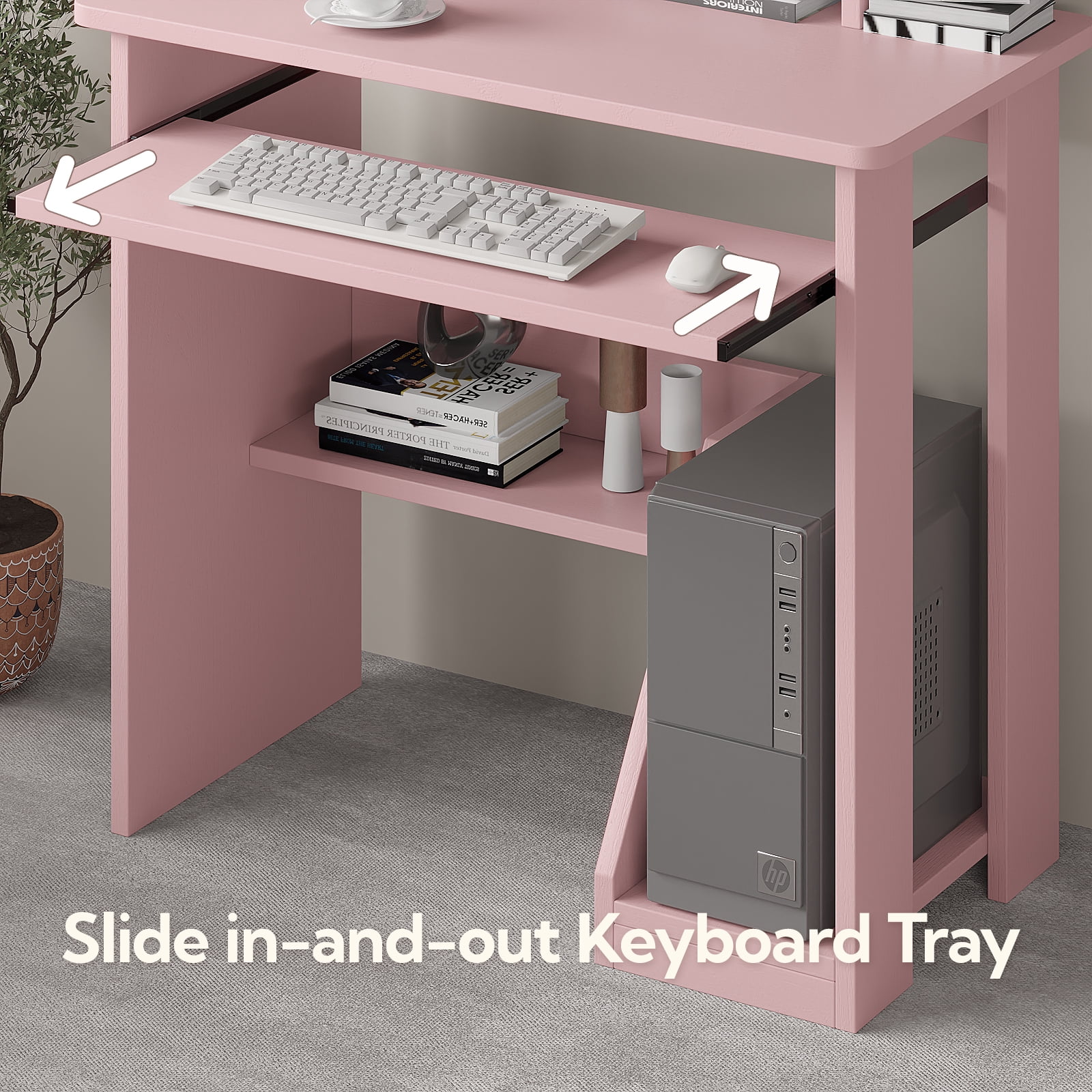 Zenira 29in Computer Desk with Monitor Stand and Keyboard Tray for Small Space, Wood PC Laptop for Bedroom, Writing Table with Shelves for Living room, Pink