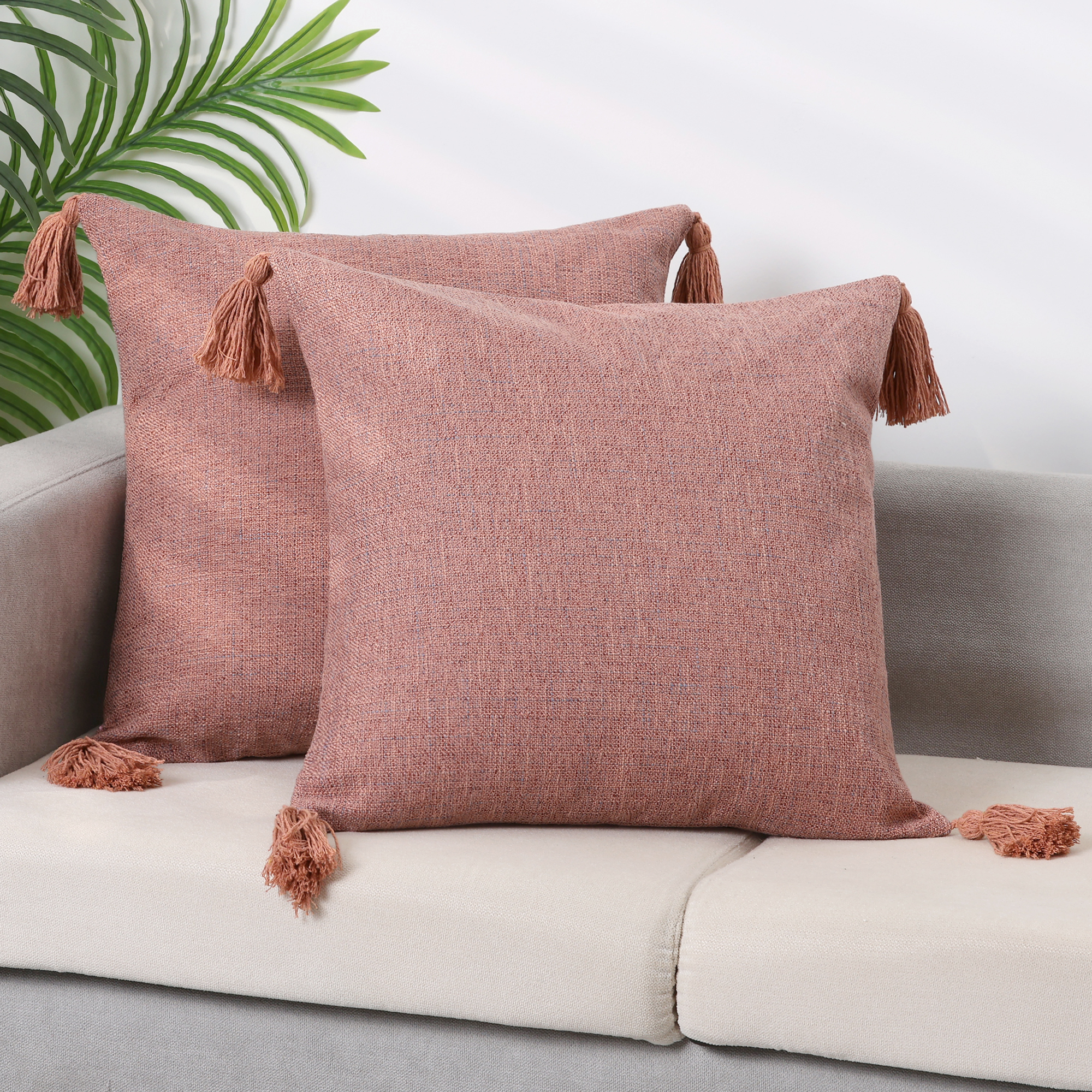 Unique Bargains 4 Pcs Linen Fringe Cushion Cover Throw Pillow Covers with Tassel Design Pink 18" x 18"