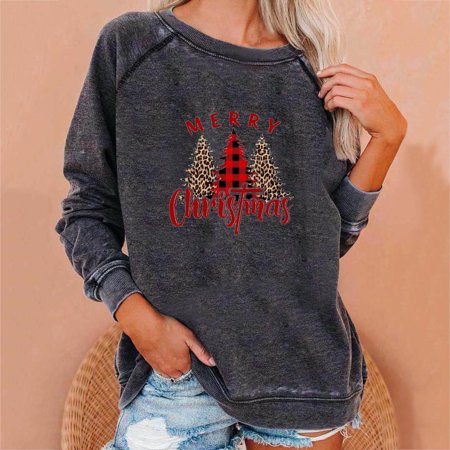 jsaierl Christmas Sweatshirts for Women Crew Neck Long Sleeve Shirts Christmas Tree Print Tops Fashion Going Out Blouse Tee Xmas Pullover Gifts