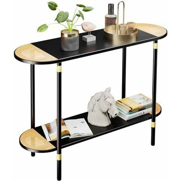 Black Metal Console Table with Rattan Decor, 2-Tier Entryway Table, 42.32"(L) Narrow Sofa/Couch Side Table with Metal Frame, Hallway Entry Table for Living Room