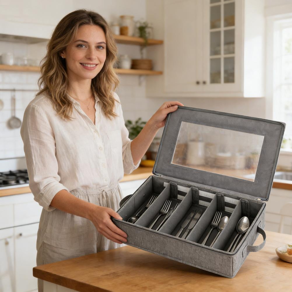 Large Capacity Silverware Storage Box – Linen-Like Utensil Organizer with Removable Lid & Adjustable Dividers, Foldable Portable Cutlery Holder for Knives Forks Spoons, Kitchen Pantry Camping Storage
