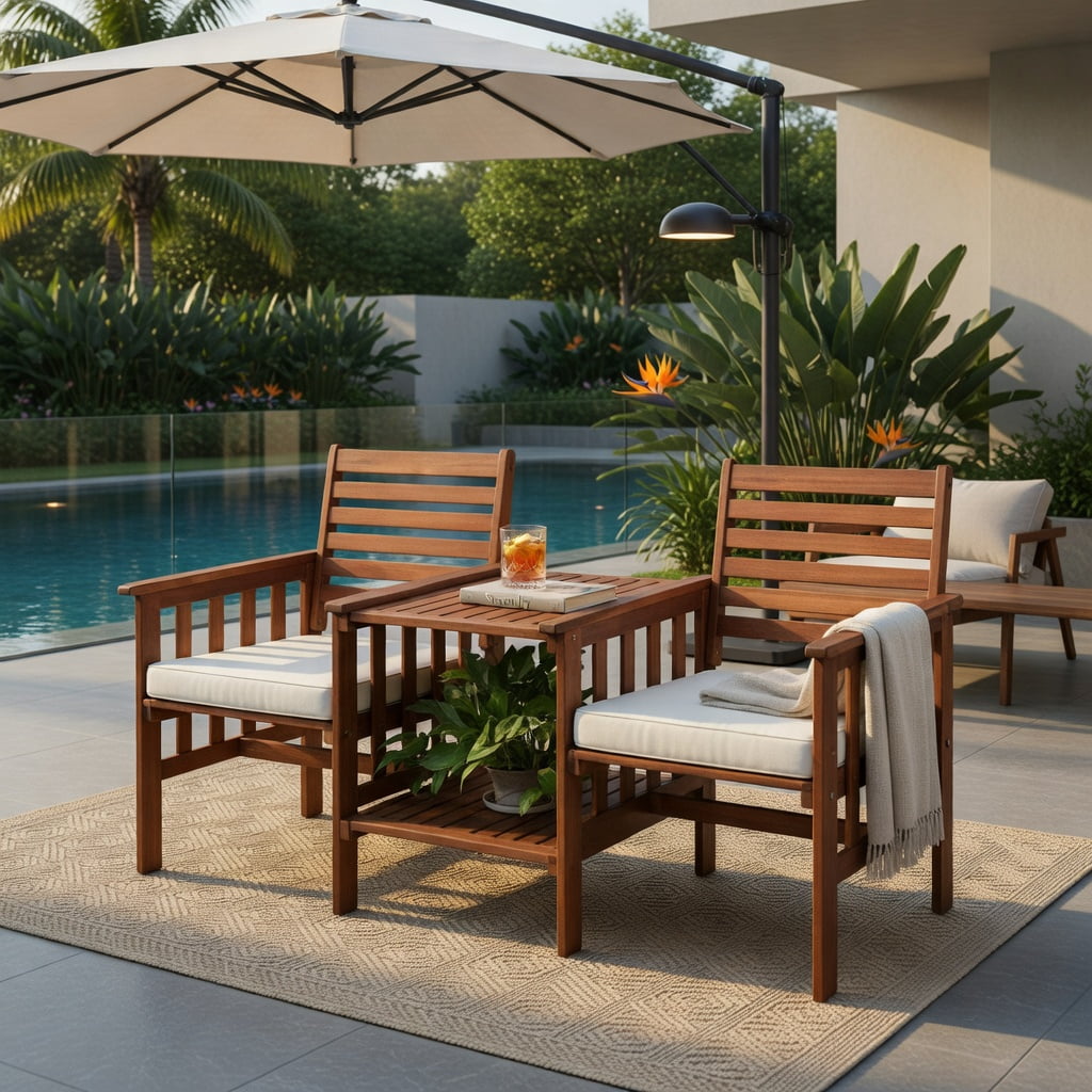 Hommoo 3-Piece Acacia Wood Outdoor Patio Furniture Set, Loveseat with Cushions & Umbrella Hole Coffee Table, White