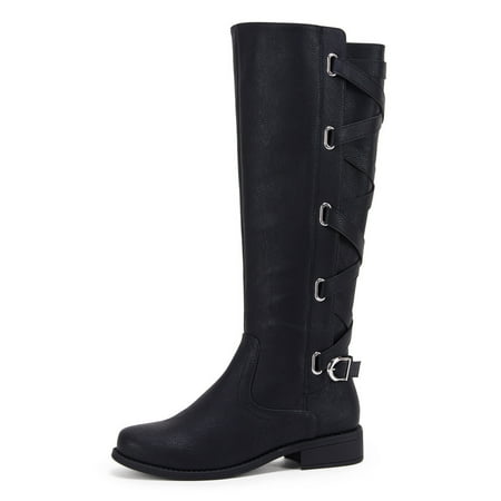 

Dellytop Womens Knee High Boots Winter Lace Up Riding Flat Low Heel Shoes