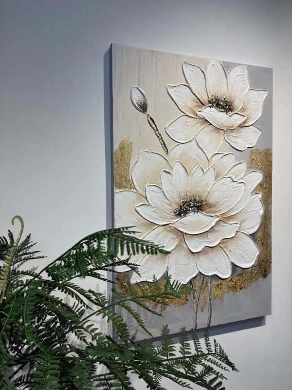 Euroco Framed Wall Art White Lotus Flower Texture Painting,Flower Canvas Wall Art Modern Grace Abstract Flowers Artwork with Neutral Decor for Living Room Bedroom,24x36in