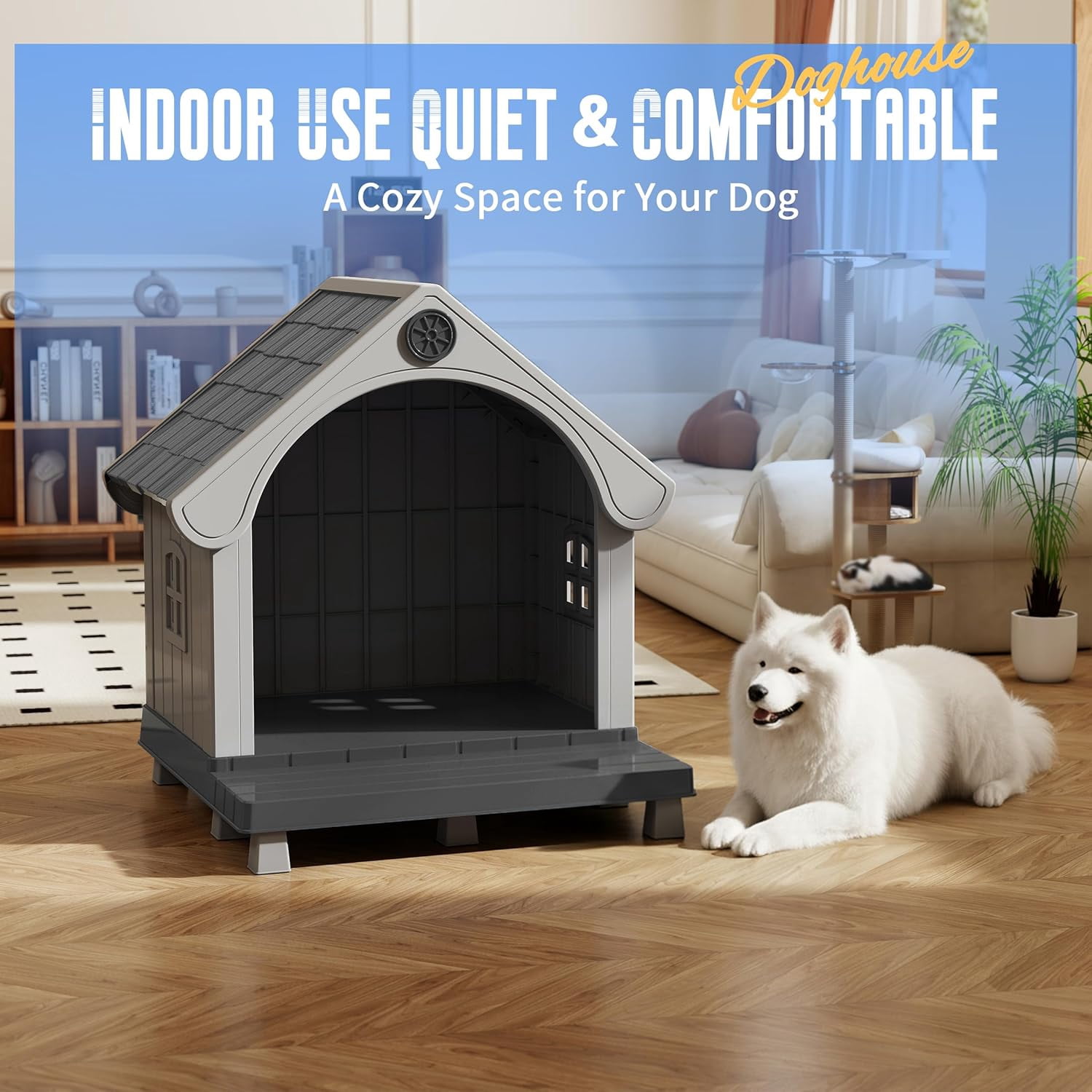 ZUCONKITCH Indoor/Outdoor Elevated Dog House with Porch, Weather-Resistant Pet Shelter with Sloped Roof & Ventilation, Durable Dog Kennel for Medium to Large Dogs