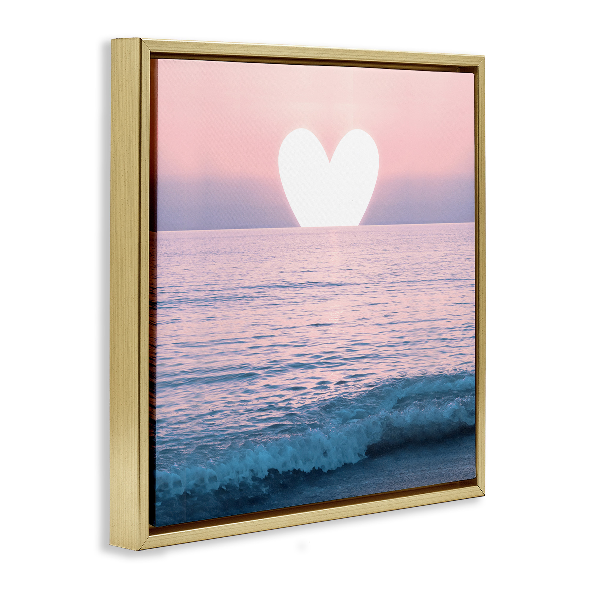Stupell Industries Pink Heart Ocean Sunrise Landscape Painting Gold Floater Framed Canvas Art Print Wall Art, 18 x 18