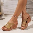 thumbnail image 3 of Rokment Cork Footbed Wedges Slip on Dressy Sandals for Women Ladies Fashion Casual Leather Open Toe Platform Chunky Heeled Beach Summer Dress Slides Shoes Khaki Size 6.5, 3 of 6