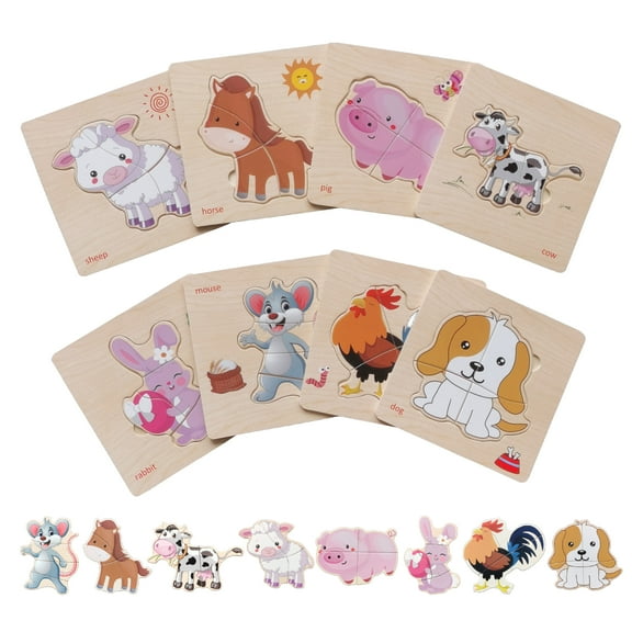 BEACENOV Toddler Puzzles,Set of 8,Wooden Jigsaw Puzzle for 1 2 3 Year Old Baby Boys or Girls,Toddlers Gift,Preschool Learning Educational Toy [ Color & Shape Cognitive Skill ] (Farm Animal Puzzle)