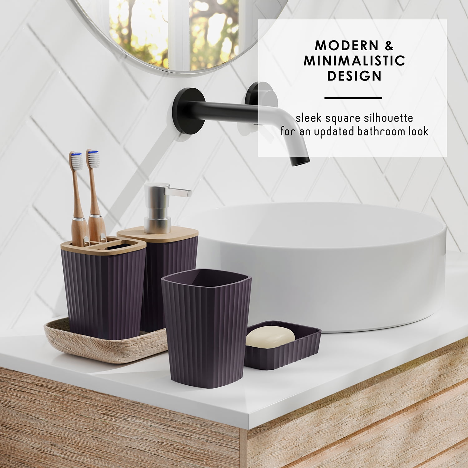 Virtu 6 Piece Bamboo Bathroom Sets, Purple Bathroom Accessories Set for Minimalistic Bathroom Décor