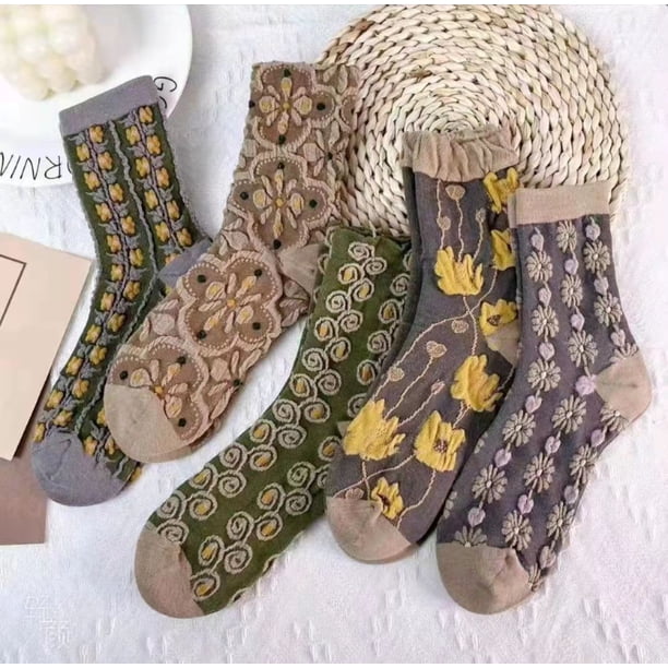 Zhuge 5 pares de calcetines florales para mujer, calcetines de algodón con rayas nórdicas y flores, calcetines retro bonitos y dulces con flores para niñas, 5-b