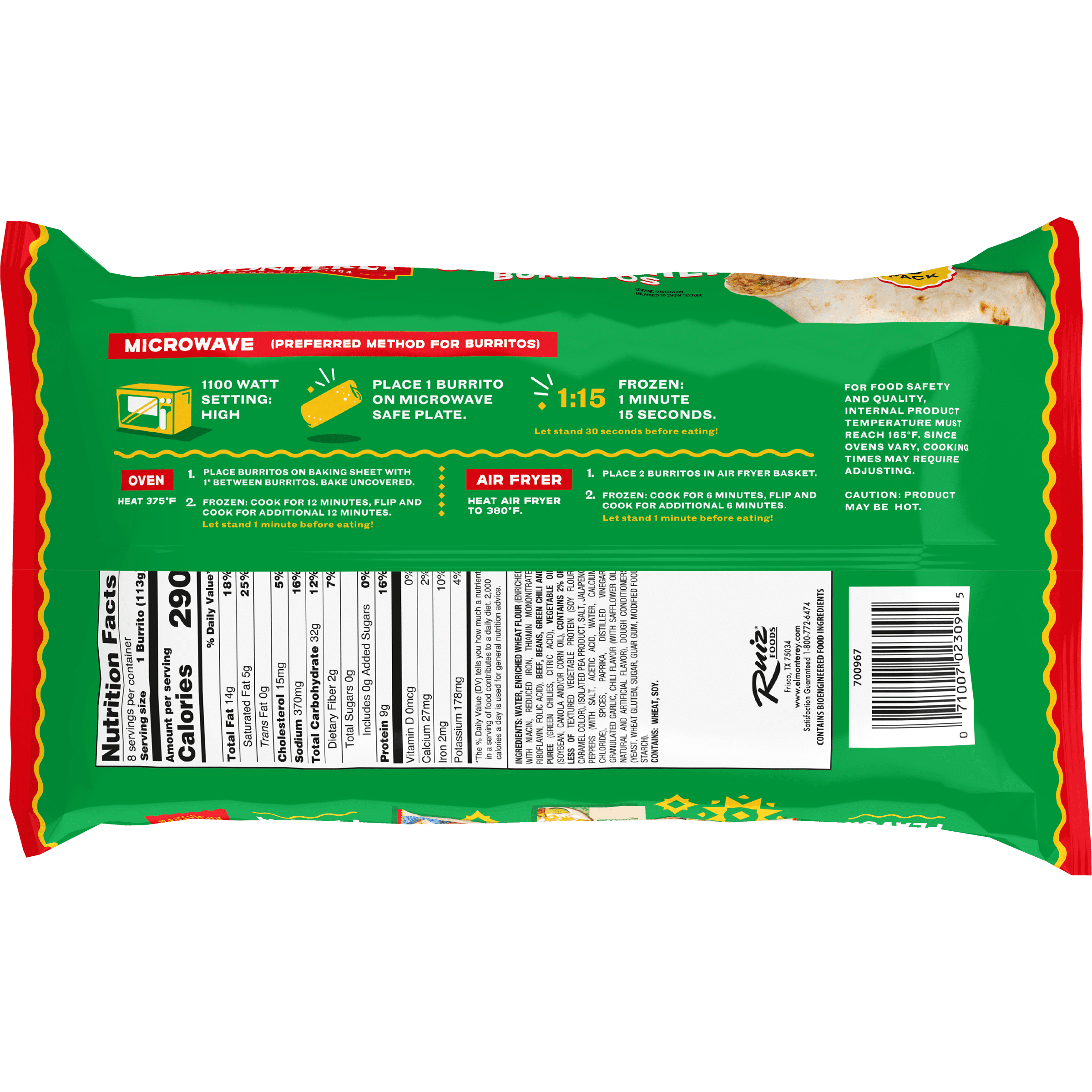 El Monterey Beef & Bean Green Chili Burritos, 32 oz, 8 Count (Frozen)