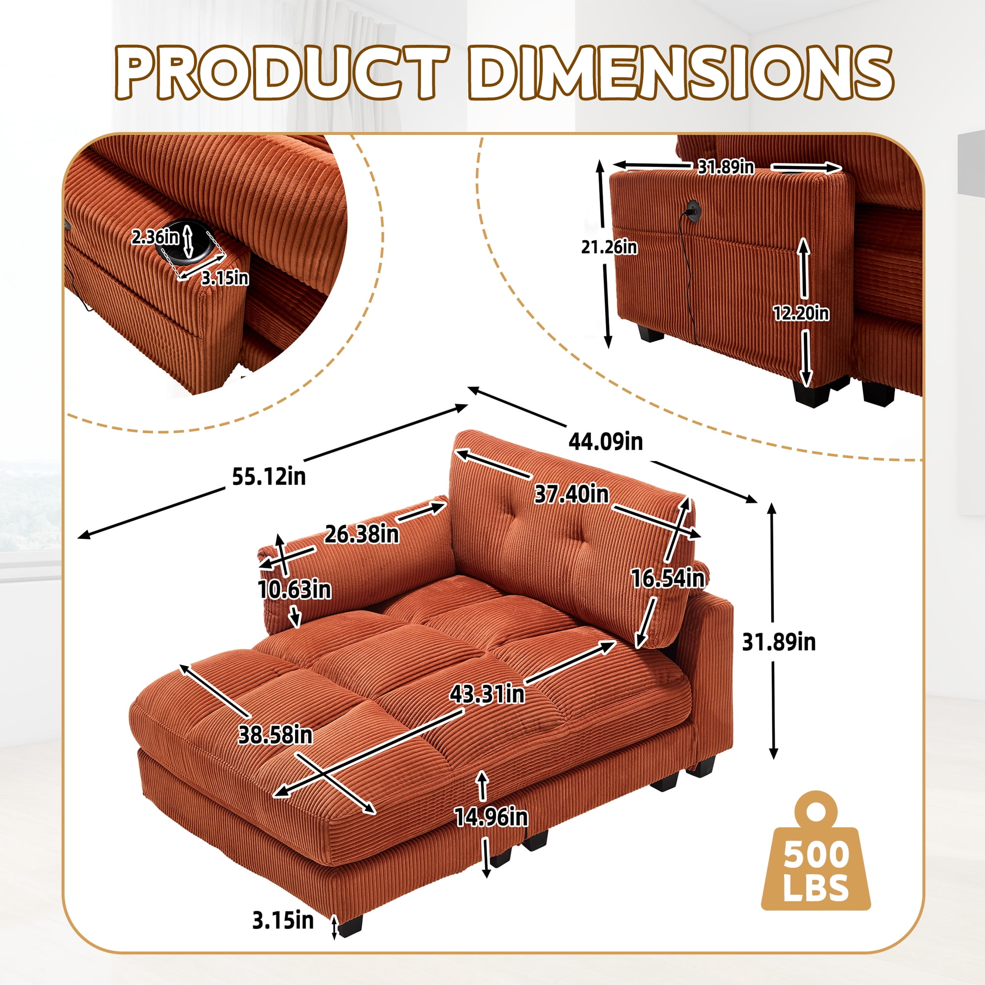 MOONMISS Corduroy Upholstered Soft Deep Seat Sleeper Sofa with USB,TYPE-C&2 Cup Holders-Orange