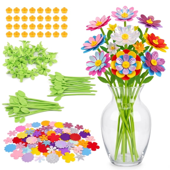 174PCS DIY Flower Bouquet Craft Set for Kids, Artificial Flower Making Kit , Colorful Petals and Stems for Home Decor and Party Gifts