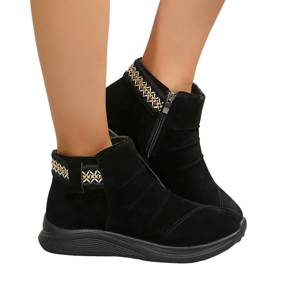 Ethnic Orthopedic Walking Boots for Women Slouchy Boho Fashion Suede Arch Support Mid Calf Ankle Booties Black Size 6.5