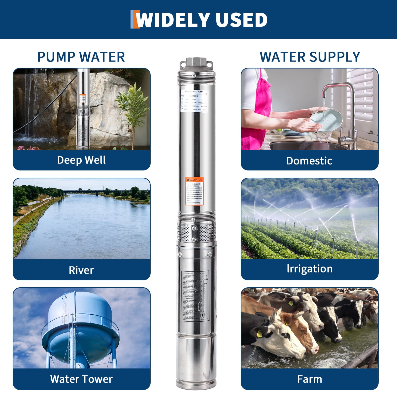 Garvee 1HP Deep Well Submersible Pump, 110V 60Hz 27GPM Max Flow 204ft Max Head, 4" Stainless Steel Water Well Pump with 33ft Cord & Check Valve, IP68 Waterproof for Irrigation, Home, Industrial Use
