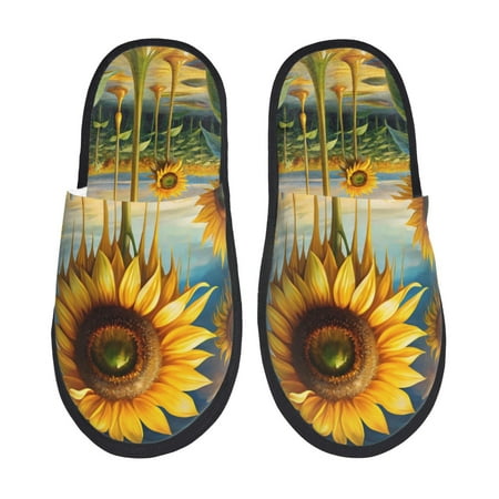 Balery Artistic Oil Painting Sunflower Slient Indoor Furry Fleece Comfort House Shoes Soft Non-Slip Home Shoes Cotton slippers House Slippers-- Medium