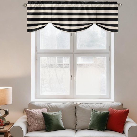 Tie Up Curtain Valances Retro Black Striped Pattern,Rod Pocket Shade Valance Adjustable Curtains Horizontal Stripe Window Treatment for Kitchen Bathroom Living Room Windows,42x18in