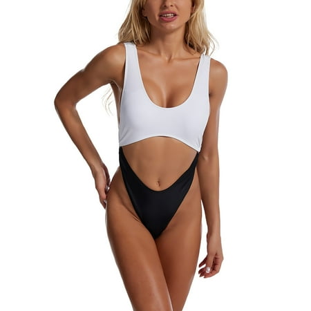 

Women s Metal Ring Colorblock Hollow High Waist Swimsuit Bathing Suits Sports Bras