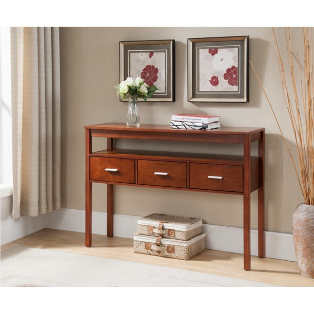 Oliver Walnut Wood Contemporary Occasional Entryway Console Sofa Table With 3 Storage Drawers