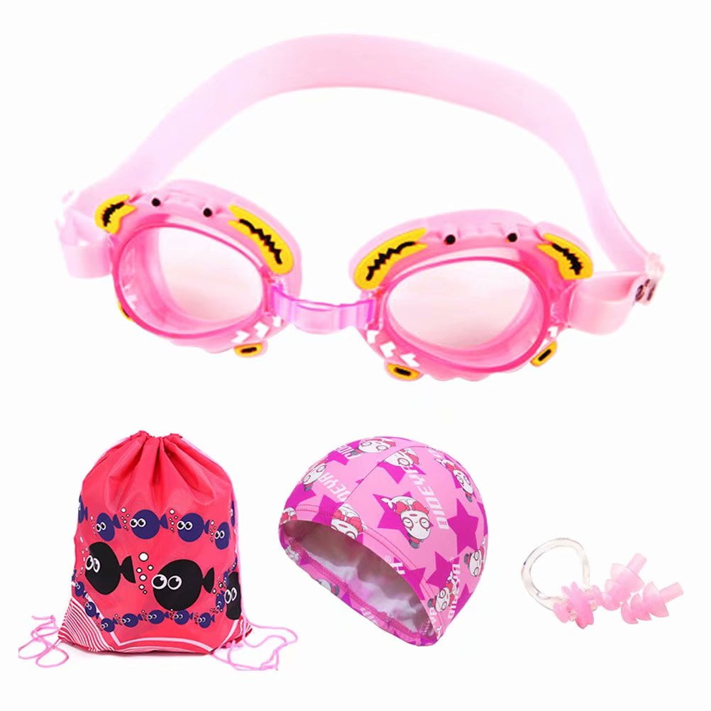 Kids Swimming Goggle,Outdoor Children's Waterproof Anti-Fog HD Swimming Goggles Swimming Cap Set-Dark Pink by