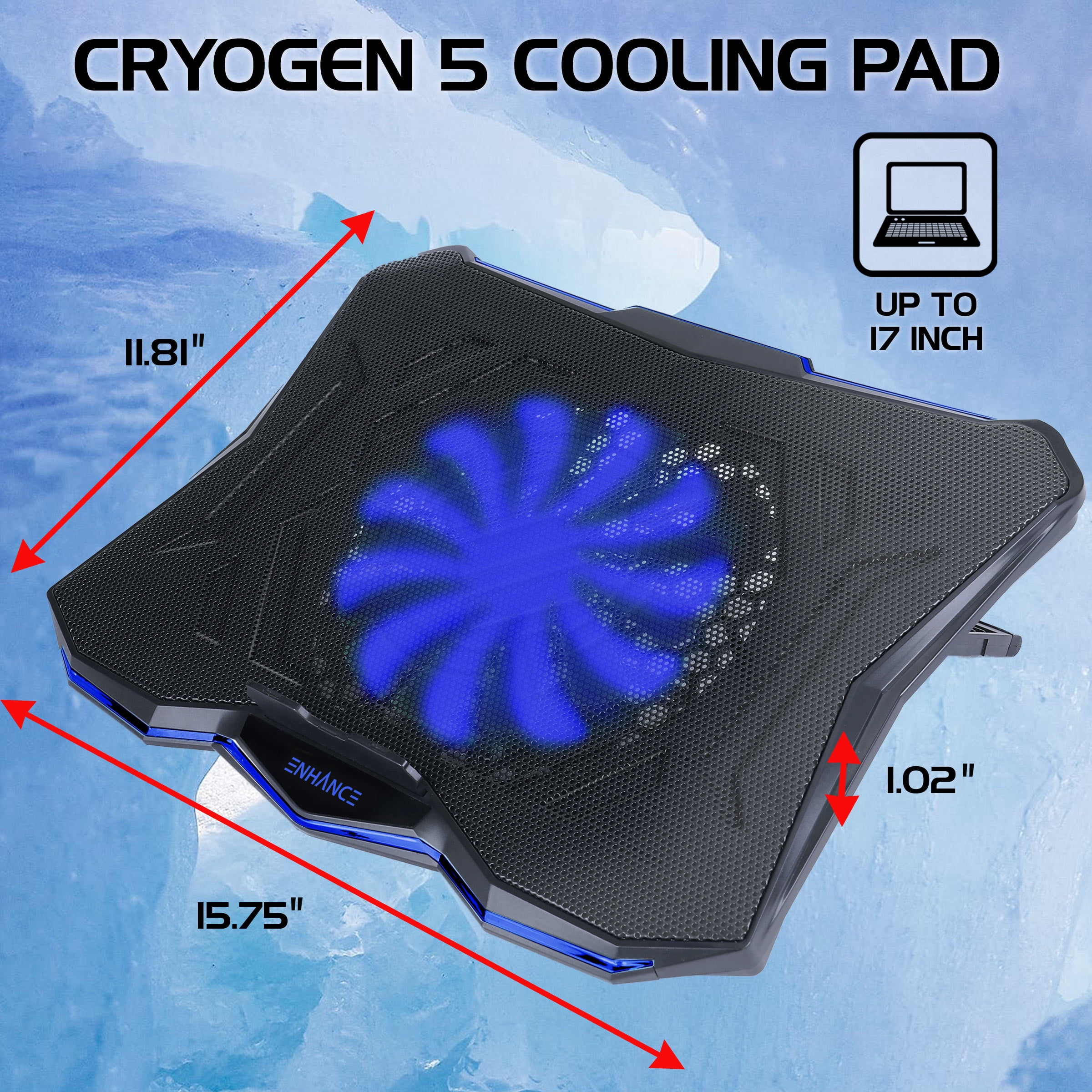 ENHANCE Cryogen 5 Gaming Laptop Cooling Pad Stand, Adjustable Height, USB Ports, 800 RPM - Blue