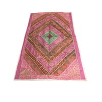 Mogul Indian Sari Wall Tapestry Handmade Pink Patchwork Sequin Work Ethnic Wall Hanging 90x60