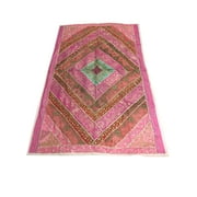 Mogul Indian Sari Wall Tapestry Handmade Pink Patchwork Sequin Work Ethnic Wall Hanging 90x60