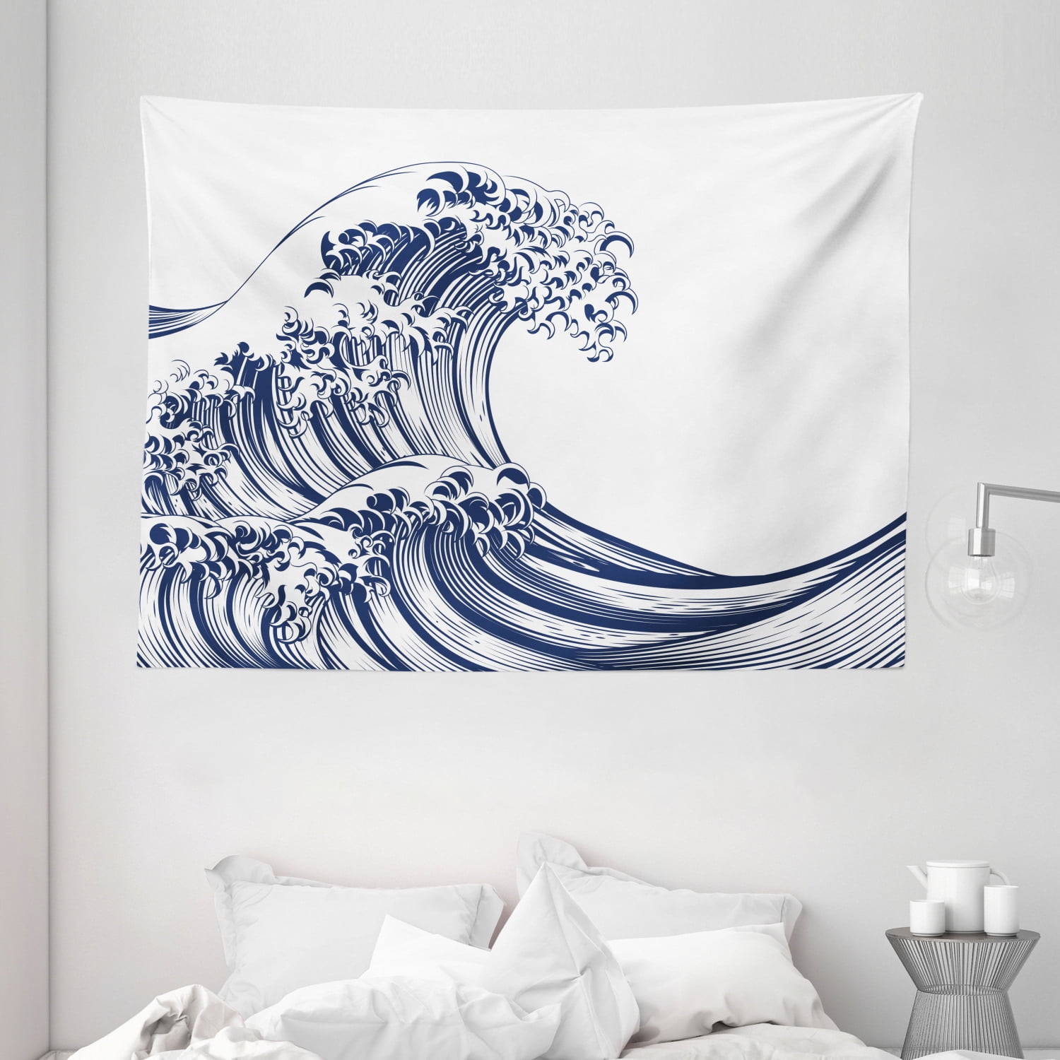 Japanese Wave Tapestry, Oriental Vintage Great Wave Monochrome Kanagawa