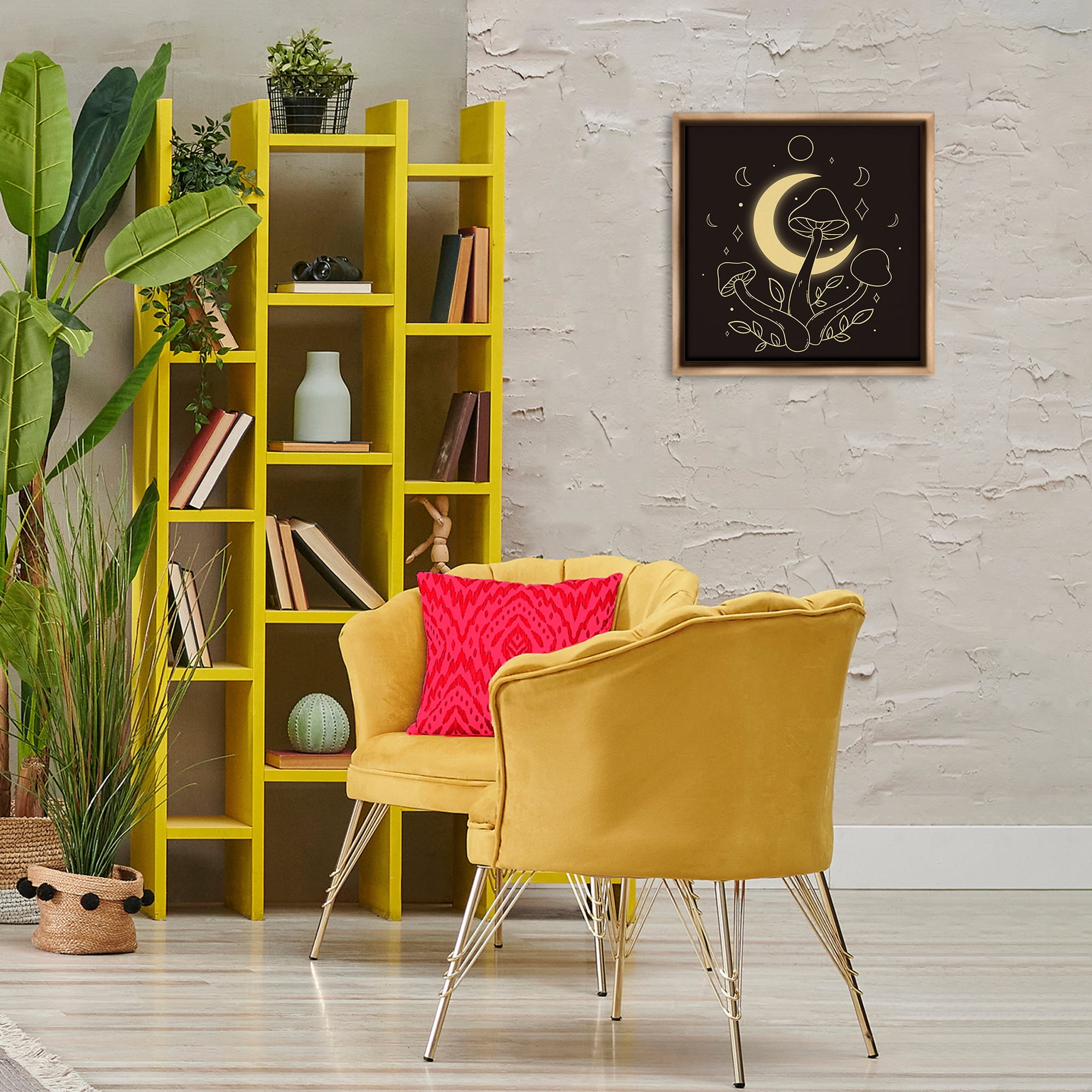 Stupell Industries Dancing Mushrooms & Moon Plants & Flowers Painting Brown Floater Framed Canvas Art Print Wall Art, 18 x 18